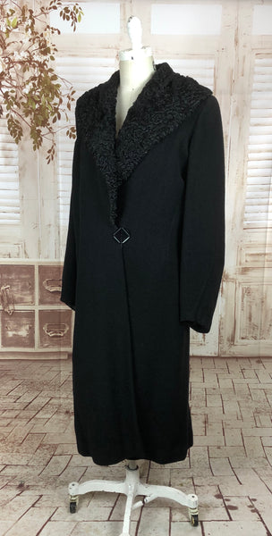 Original 1930s 30s Black Wool Crepe Coat With Astrakhan Collar By Griffin & Spalding