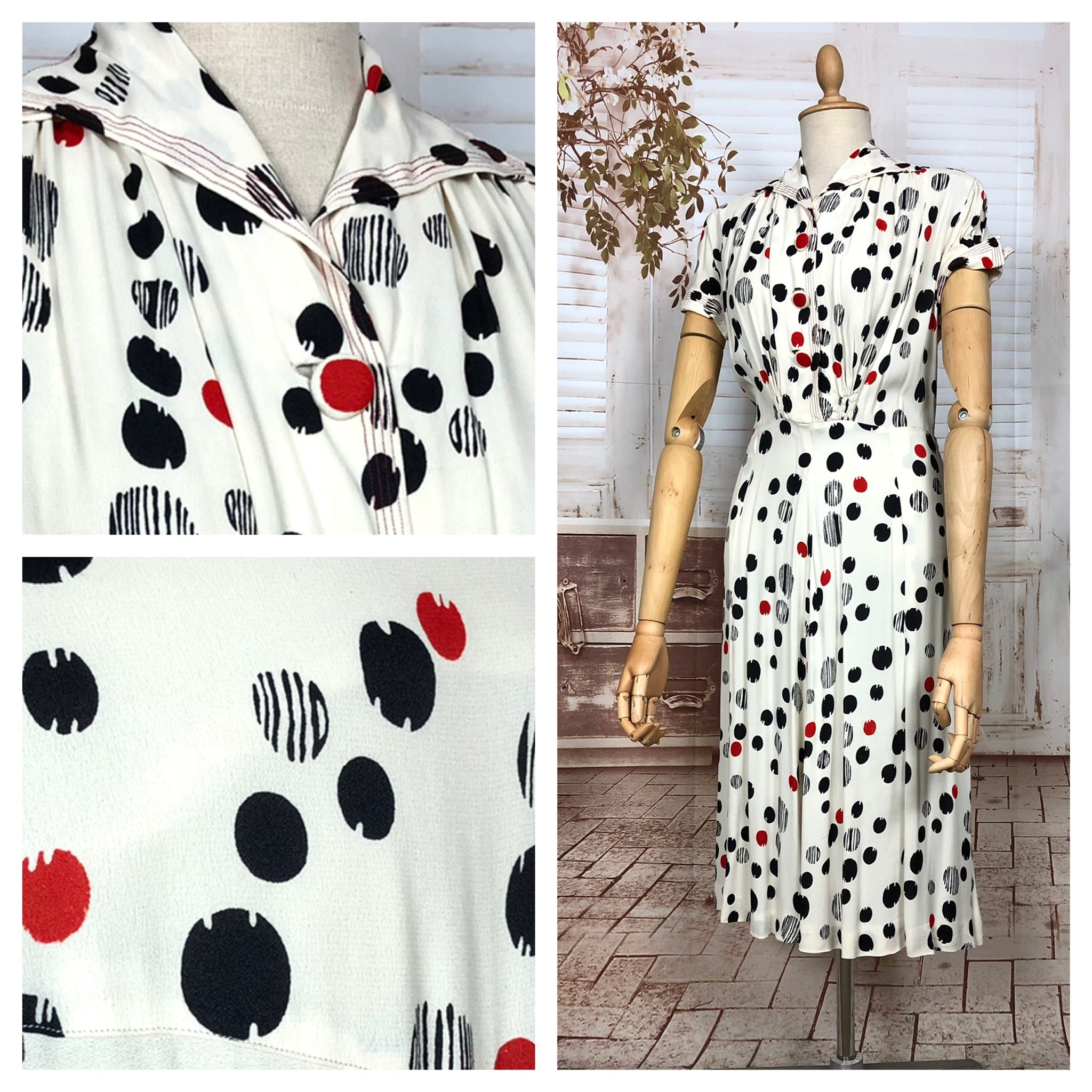 Fabulous Original 1940s Red Black And White Spotted Dress