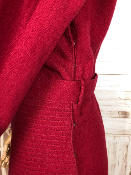 Wonderful Original 1940s Vintage Red Pin Tuck Detail Dress With Lucite Belt