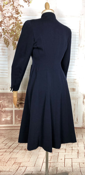 Unusual Original 1940s Vintage Navy Blue Princess Coat with Scarf Detail By Windsmoor