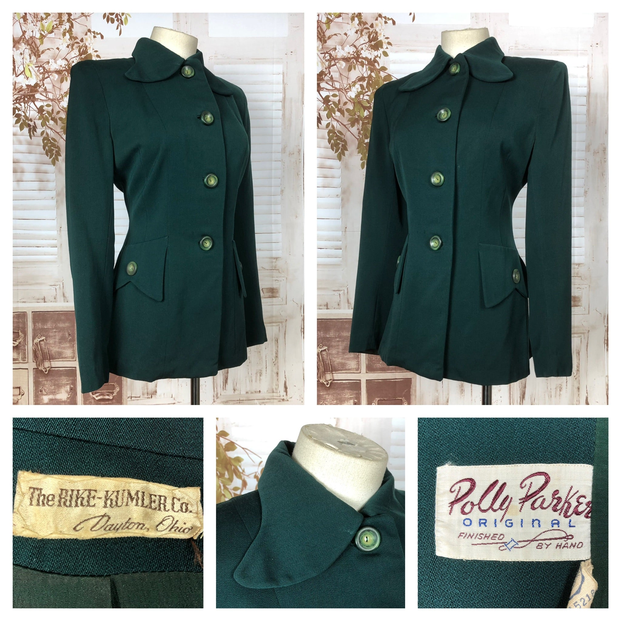 Fabulous Original 1940s 40s Vintage Forest Green Polly Parker Blazer With Great Details