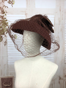 Original 1940s 40s Vintage Chocolate Brown Fedora Hat With Veil