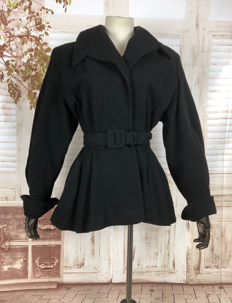 Original Vintage 1940s 40s Black Wool Wrap Belted Princess Jacket