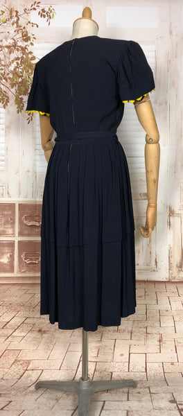 LAYAWAY PAYMENT 1 OF 2 - RESERVED FOR ELLIE - Wonderful Original 1940s Vintage Navy Blue French Dress With Mustard Yellow Daisy Appliqués