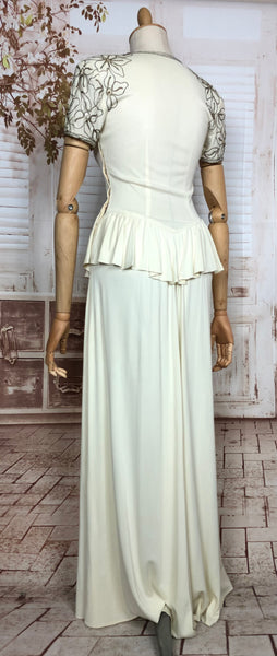 Incredible Original Late 1930s / Early 1940s White Evening Gown / Wedding Dress With Lamé Soutache And Waterfall Peplum