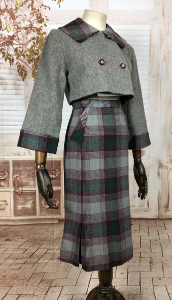 Gorgeous Original 1950s 50s Vintage Burgundy Green And Grey Plaid Cropped Suit