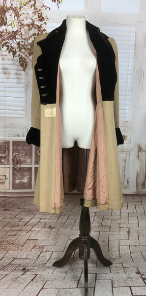 Original Late 1930s Early 1940s Cream Wool Double Breasted Princess Cut Coat With Black Velvet Collar And Cuffs