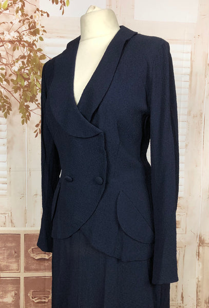 Original 1930s 30s Vintage Navy Blue Textured Crepe Skirt Suit