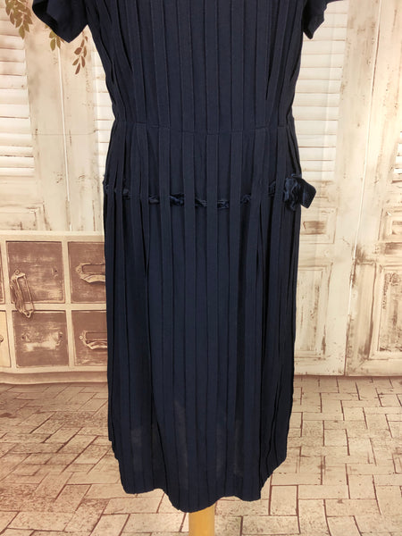 Original 1940s 40s Vintage Midnight Blue Day Dress With Stripe Panels And Velvet Ribbons By Robin Fashions