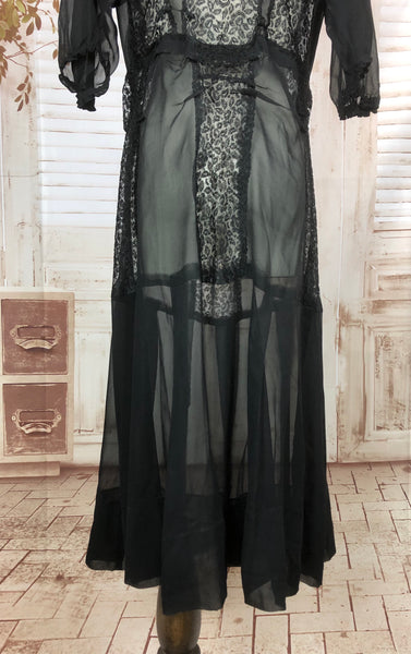 Original Vintage 1930s 30s Black Sheer Chiffon And Lace Dress