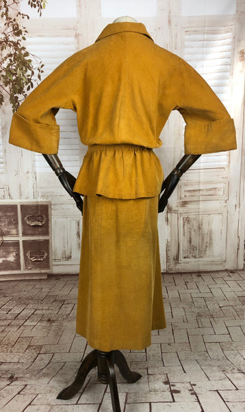 Original 1940s 40s Vintage Mustard Yellow Corduroy Suit With Huge Fluted Sleeves and Peplum