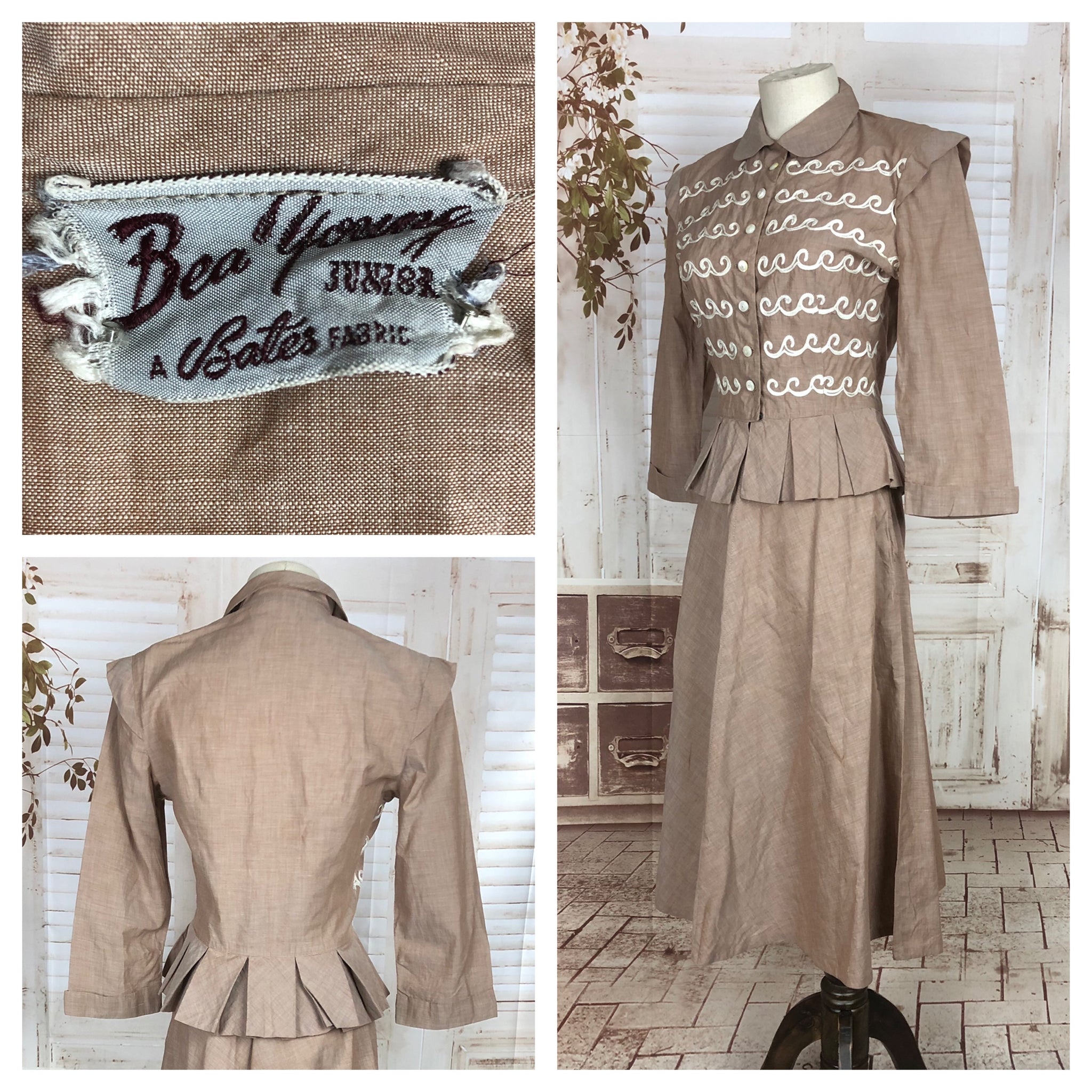 Original 1940s 40s Vintage New Look Style Sandy Cotton Suit With Wave Soutache Bodice Decoration