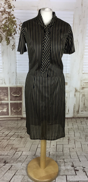 Original 1940s 40s Vintage Black And Gold Stripe Nylon Ladies Skirt Suit With Tie Bow Volup