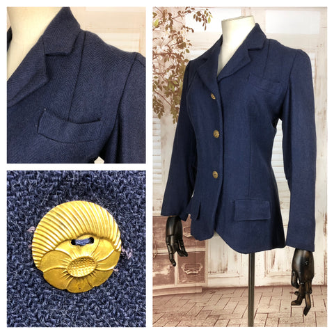 Original 1930s 30s Vintage Navy Blue Wool Jacket With Brass Buttons