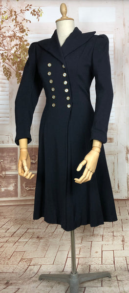 Superb Original Vintage Late 1930s Vintage Navy Blue Double Breasted Fit And Flare Princess Coat