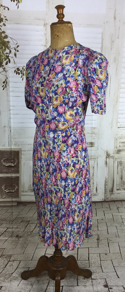 Original 1930s 30s Vintage Floral Rayon Dress With Puff Shoulder