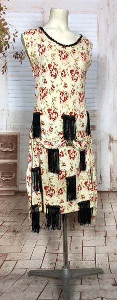 Amazing 1920s Floral Rayon Jersey Flapper Dress With Fringing