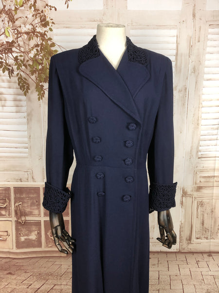 Original 1930s 30s Vintage Double Breasted Midnight Blue Volup Crepe Coat With Lattice Details