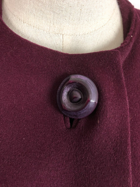 Original Vintage 1940s 40s Plum Purple Wool Collarless Coat By Cobert