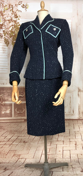 Rare Exquisite Original 1950s Vintage Navy And Robins Egg Blue Flecked Lilli Ann Skirt Suit