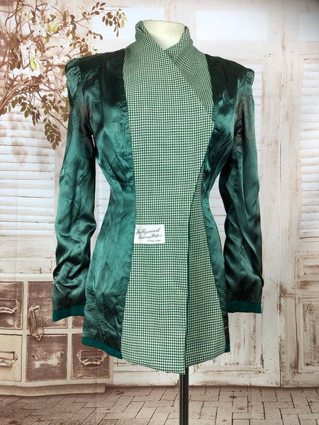 Incredible Original 1940s 40s Vintage Emerald Green Blazer With Gingham Details