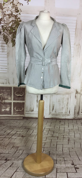 Original 1930s 30s Vintage Light Blue Silk Taffeta Belted Jacket With Puff Sleeves