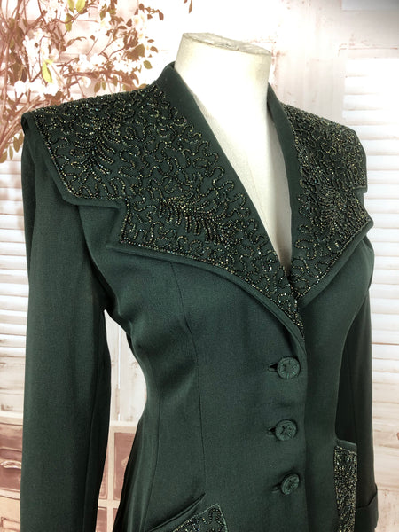LAYAWAY PAYMENT 1 OF 2 - RESERVED FOR BRIANA - Incredible Original Vintage 1940s 40s Bottle Green Beaded Blazer By Ni-Nel