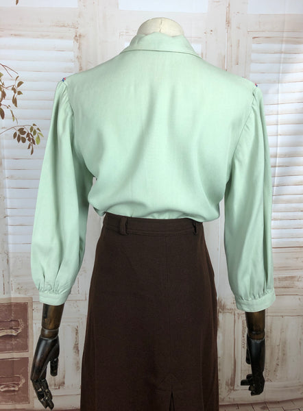 Original 1940s 40s Vintage Mint Green Embroidered Blouse