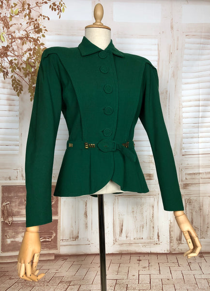 Exquisite Original 1940s Vintage Forest Green Studded And Belted Suit Blazer By Forstmann