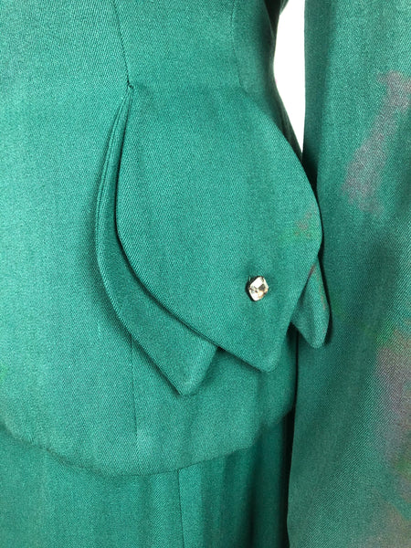 Original 1940s 40s Vintage Forest Green Gab Gabardine Skirt Suit With Petal Pocket Decoration