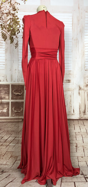 Exquisite Original 1930s Vintage Red Bias Cut And Draped Rayon Jersey Evening Gown With Amazing Beading