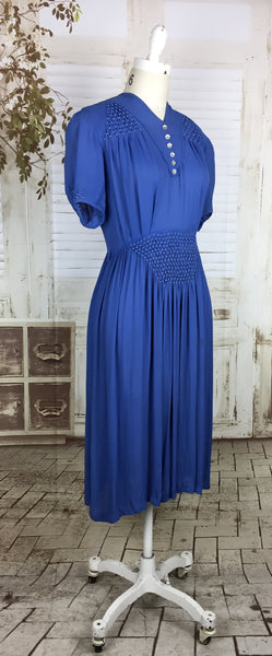 LAYAWAY PAYMENT 1 OF 2 - RESERVED FOR LAURA - PLEASE DO NOT PURCHASE - Original 1930s 30s Sky Blue Periwinkle Crepe Dress With Puff Sleeves And Smocking Panels