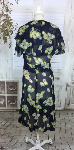 LAYAWAY PAYMENT 2 OF 2 - RESERVED FOR MICHELE - Original 1930s Navy Blue Chiffon Dress With Yellow Flowers And Cape Back