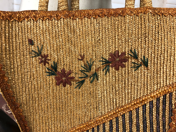 Large 1940s 40s Embroidered Straw Bag