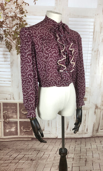 Original 1930s 30s Vintage Burgundy Printed Chiffon Blouse With Padded Shoulders And Ruffle