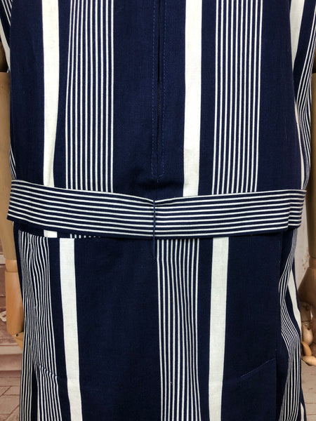 Stunning Original 1920s Art Deco Blue And White Striped Cotton Flapper Dress With Huge Collar