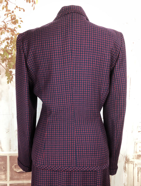 LAYAWAY PAYMENT 1 OF 2 - RESERVED FOR KELLY - Original 1940s 40s Vintage Navy And Red Micro Check Skirt Suit