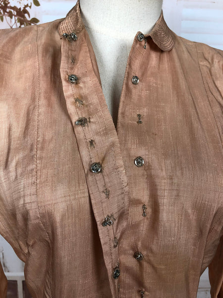 Rare Original 1930s 30s Vintage Raw Peach Silk Dress With All The Buttons