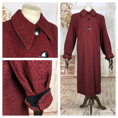 Gorgeous Original Vintage Late 1940s 40s Red And Black Tweed Swing Coat With Bishop Sleeves 