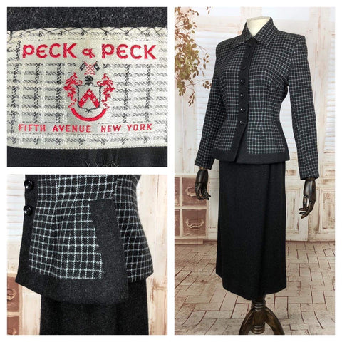 Beautiful 1940s 40s Vintage Dark Grey Check Wool Suit By Peck & Peck