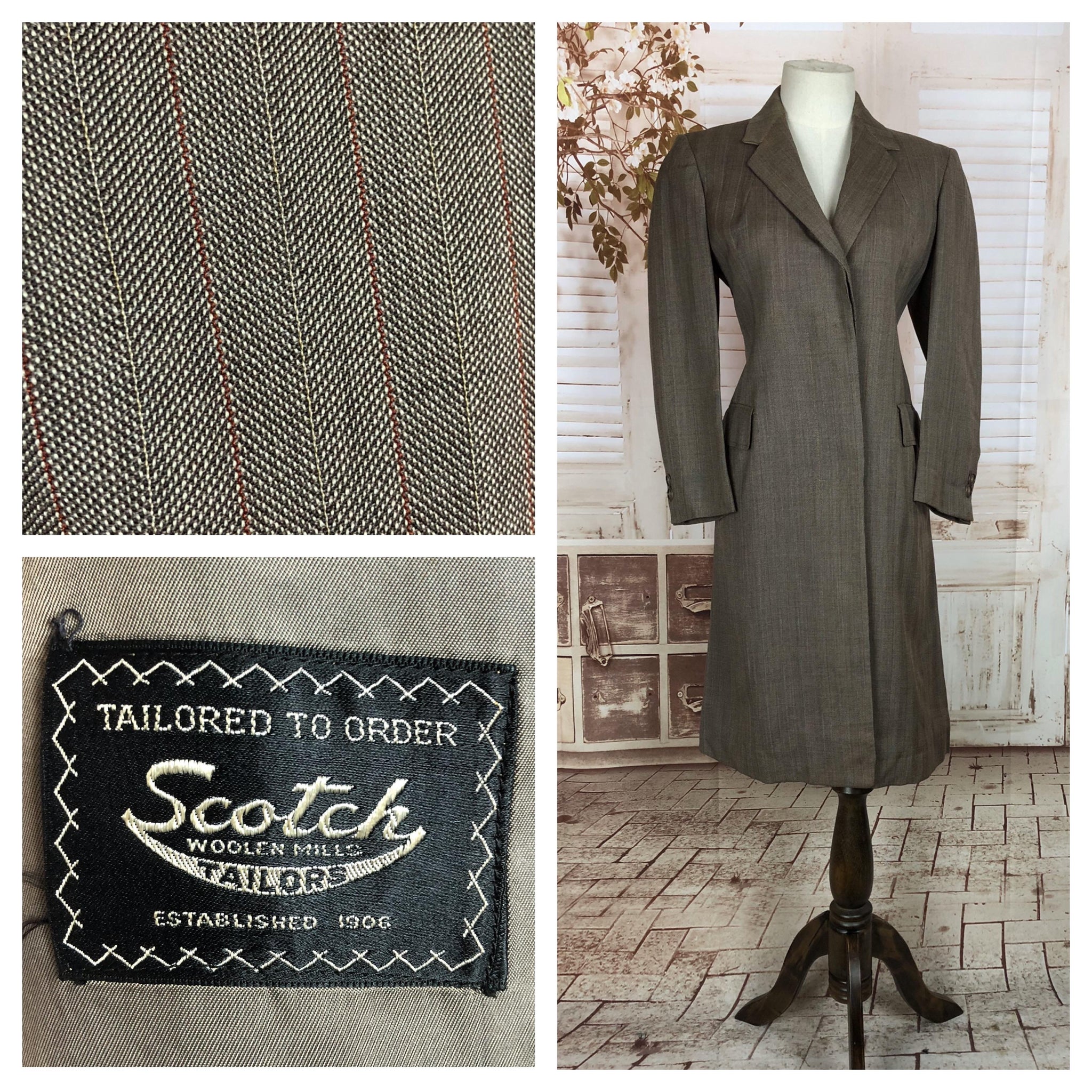 RESERVED FOR CHLOE - PLEASE DO NOT PURCHASE - Original Vintage 1940s 40s Grey Brown Lightweight Wool With Red Stripes Coat