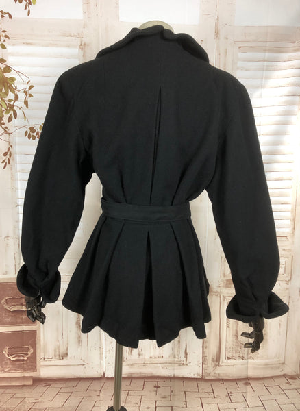 Original Vintage 1940s 40s Black Wool Wrap Belted Princess Jacket