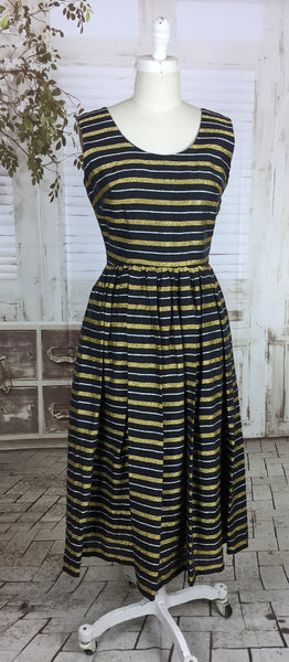 Original 1950s Black Silk Mix Dress With Silver And Gold Lurex Stripes By Trina Lewis