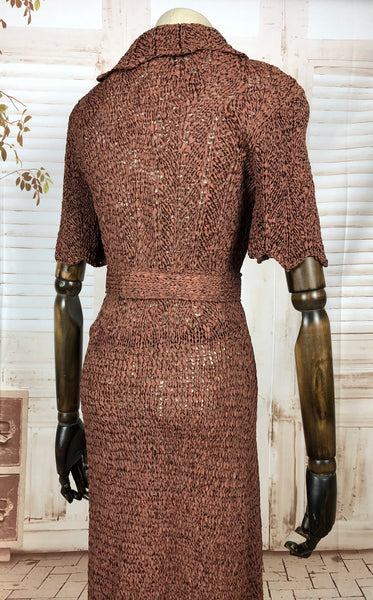 Stunning Original 1940s 40s Vintage Milk Chocolate Brown Belted Ribbon Knit Dress