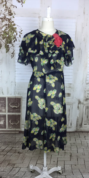 LAYAWAY PAYMENT 1 OF 2 - RESERVED FOR MICHELE - Original 1930s Navy Blue Chiffon Dress With Yellow Flowers And Cape Back