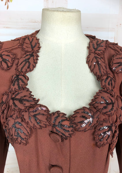 LAYAWAY PAYMENT 1 OF 2 - RESERVED FOR AMBIKA - Original Late 1930s Early 1940s Rust Cinnamon Crepe Blazer With Trapunto Beaded Leaf Decoration