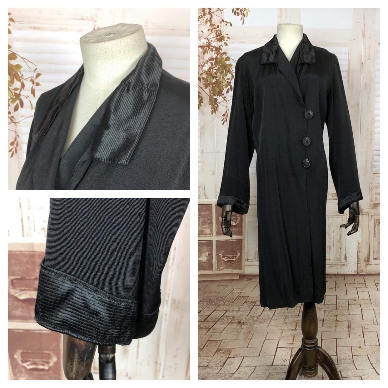 Original Late 1920s 20s Early 1930s 30s Vintage Black Asymmetric Faille Coat
