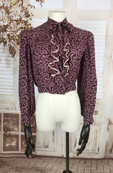 Original 1930s 30s Vintage Burgundy Printed Chiffon Blouse With Padded Shoulders And Ruffle