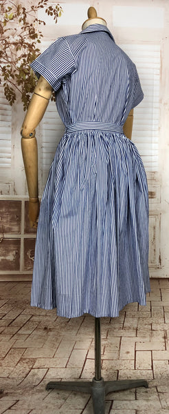 Stunning Original 1940s Vintage Blue And White Striped Belted Summer Dress