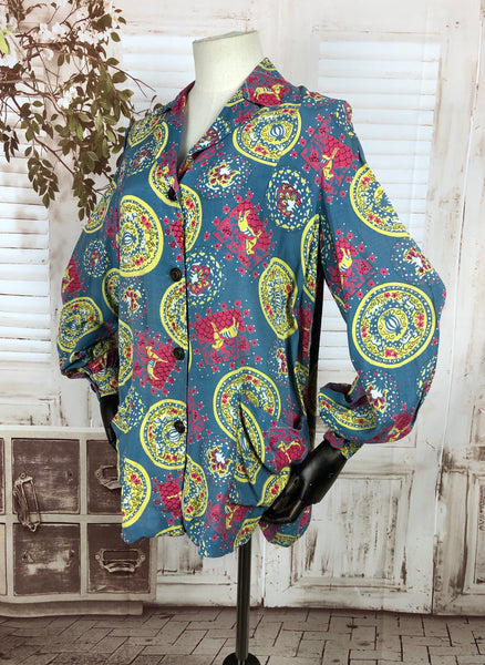 Original 1940s 40s Vintage Novelty Print Smock Top Blouse With Carnival Horses